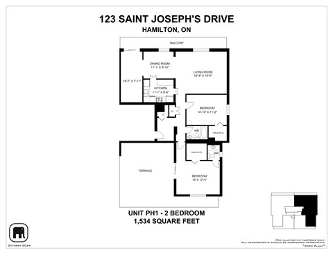 A floor plan for a 2 bedroom apartment at 123 Saint Joseph's Drive, Hamilton, ON.